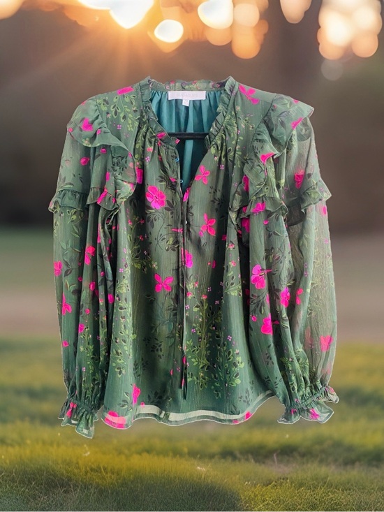 Sugarlips Tops - Sugarlips Green Floral Ruffle-Trim Blouse with Hot Pink Flowers